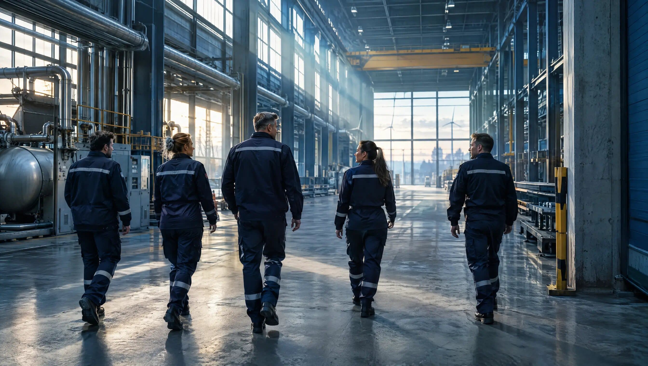 Team industriële reinigers loopt door een productiehal