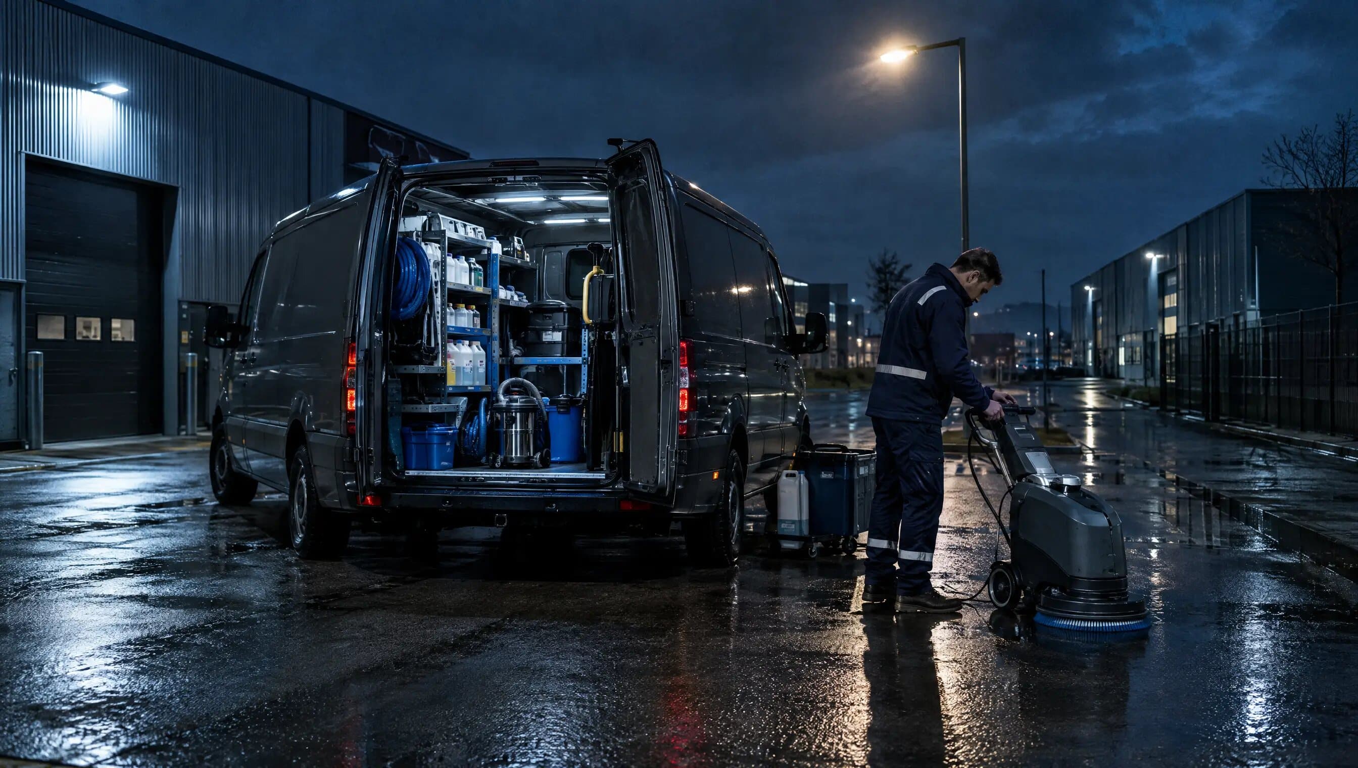 Reiniger met vloermachine bij een servicebus in de nacht