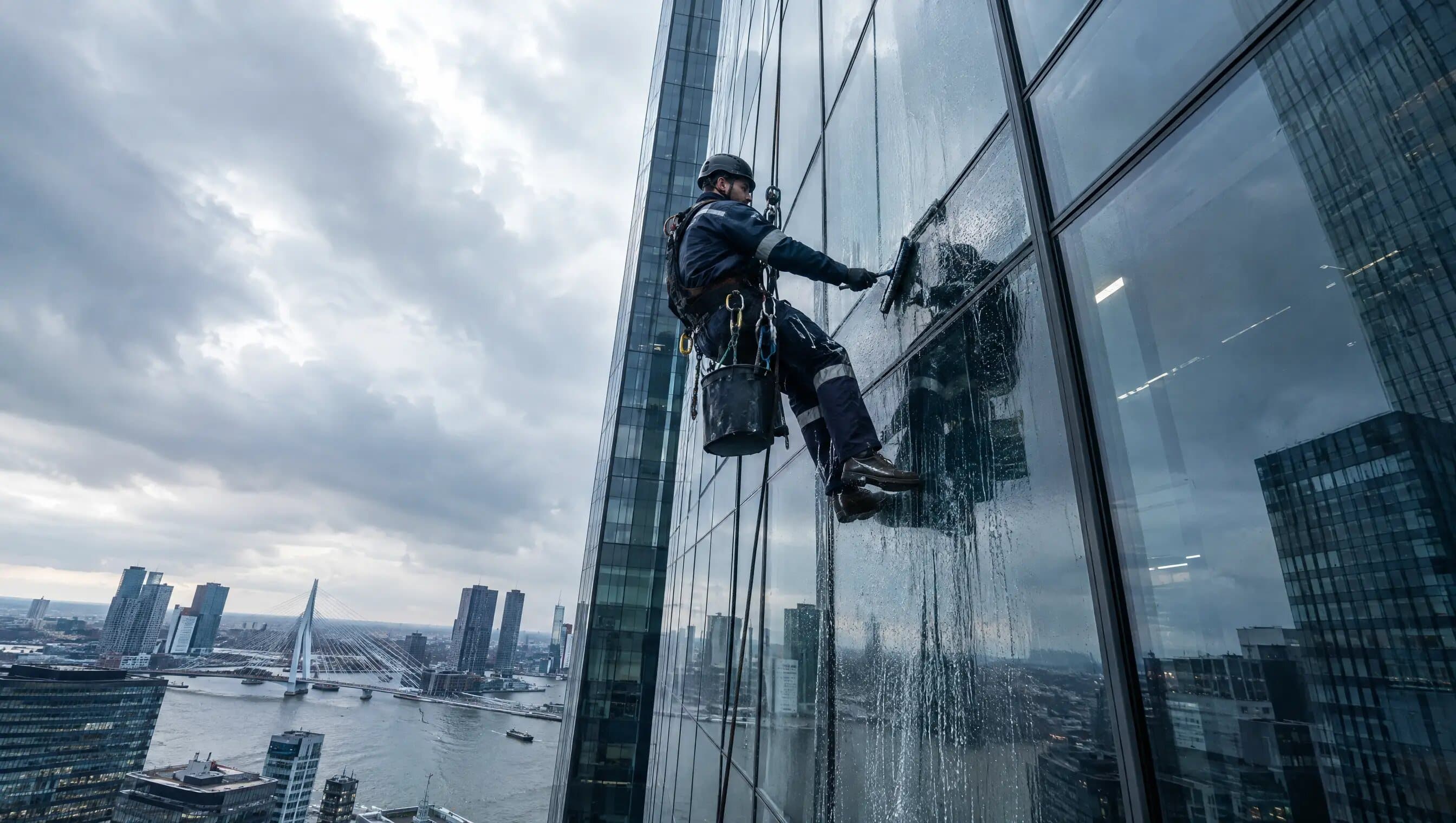 Glazenwasser met touwtoegang aan een glazen gevel hoog boven de stad